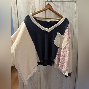 POL Women's Patchwork V-Neck Top - Navy, Cream, Pink